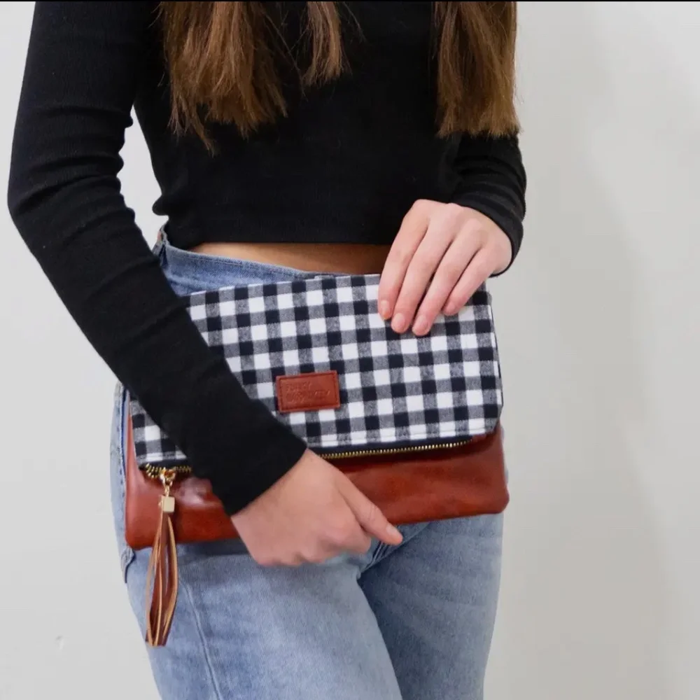 Fold Over Clutch Brown Vegan Leather with Black & White Buffalo Checks